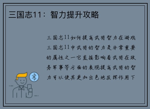 三国志11：智力提升攻略